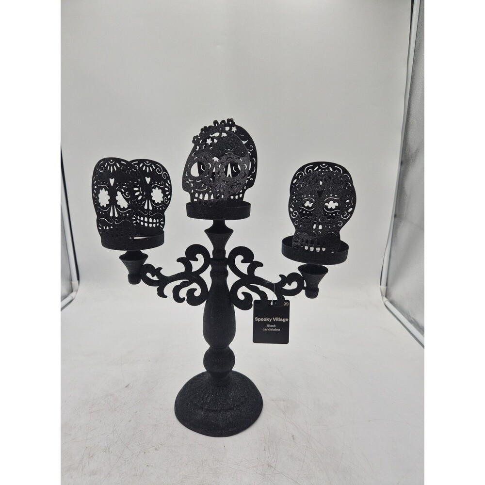 Spooky Village Black Skull Candelabra Halloween Day Of The Dead Candle Holder